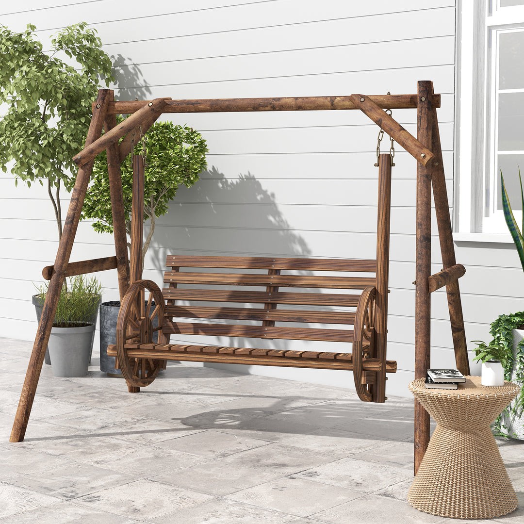 Buy farmhouse furniture Brown Farmhouse Country Wooden Log 2-Seat Porch Swing Chair Bench - Modern Cottage Farmhouse Furniture