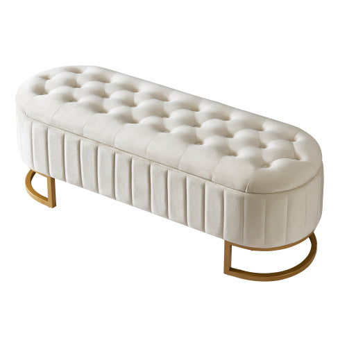 Buy farmhouse furniture The Marbella Mediterranean Farmhouse Button-Tufted Velvet Storage Ottoman Bench – Beige Upholstered Bench Seat with Metal Legs - Modern Cottage Farmhouse Furniture