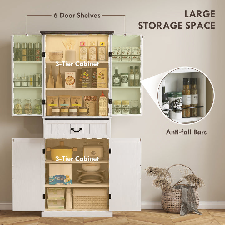 Buy farmhouse furniture Amara Farmhouse Kitchen Pantry Cabinet | Distressed White with LED Light &amp; Storage Shelves - Modern Cottage Farmhouse Furniture