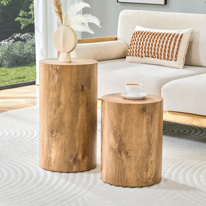 Buy farmhouse furniture Modern Mediterranean Italian Set of Two Wood color Cylinder Side Tables. - Modern Cottage Farmhouse Furniture