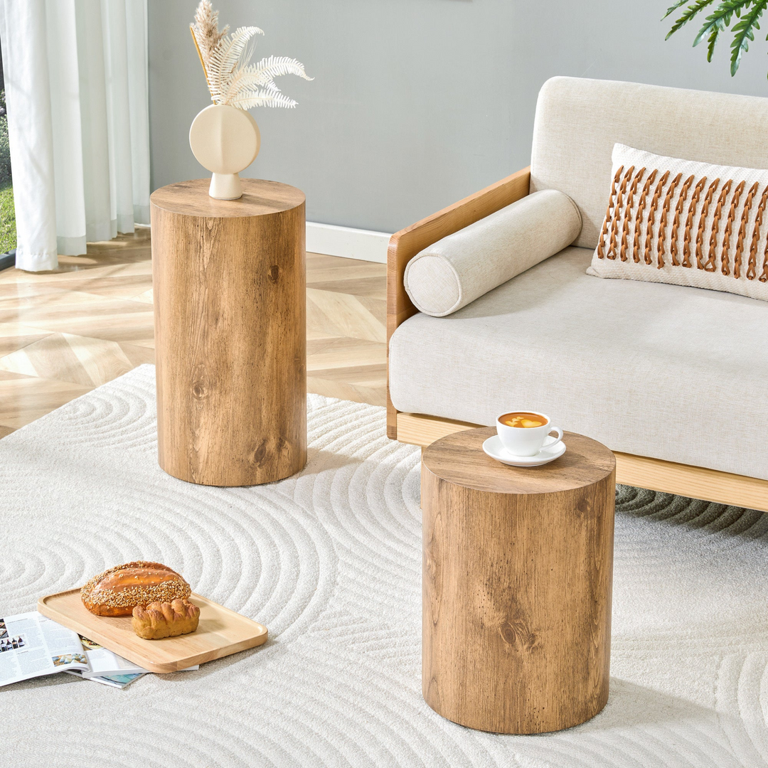 Buy farmhouse furniture Modern Mediterranean Italian Set of Two Wood color Cylinder Side Tables. - Modern Cottage Farmhouse Furniture