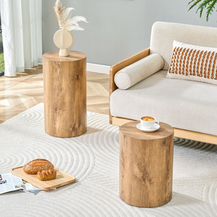 Buy farmhouse furniture Modern Mediterranean Italian Set of Two Wood color Cylinder Side Tables. - Modern Cottage Farmhouse Furniture