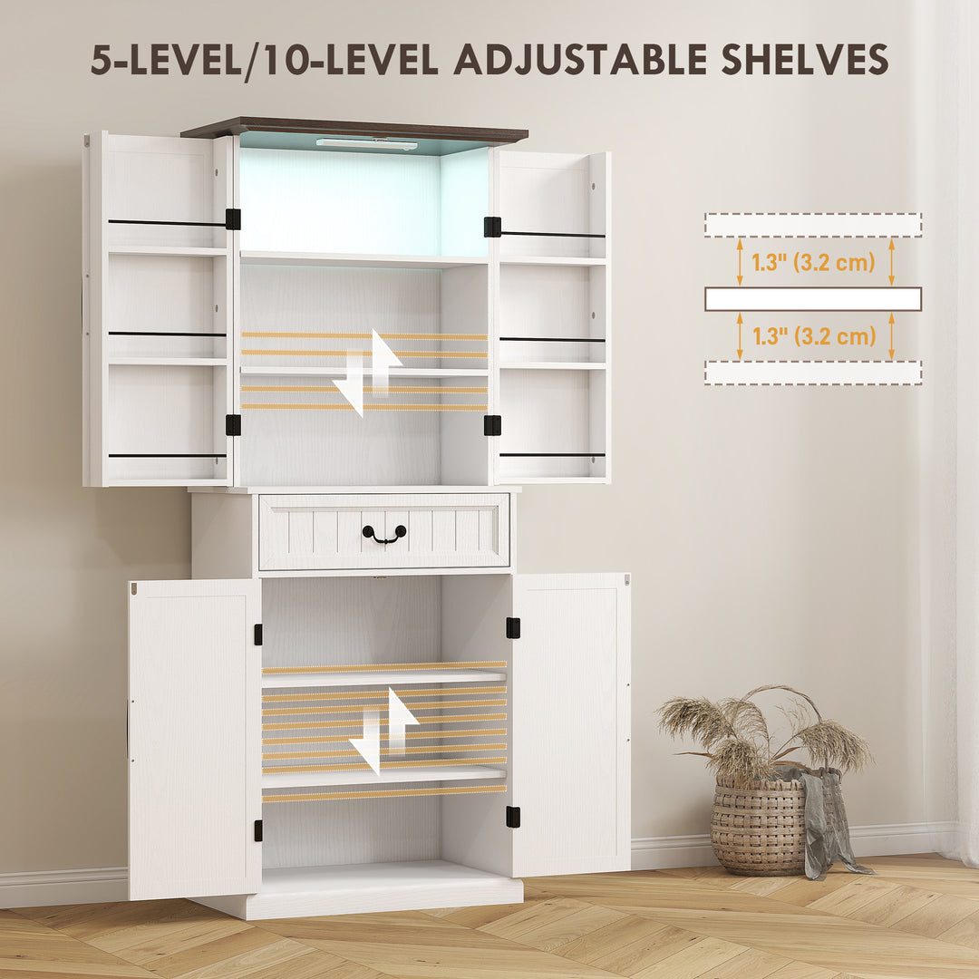 Buy farmhouse furniture Amara Farmhouse Kitchen Pantry Cabinet | Distressed White with LED Light &amp; Storage Shelves - Modern Cottage Farmhouse Furniture