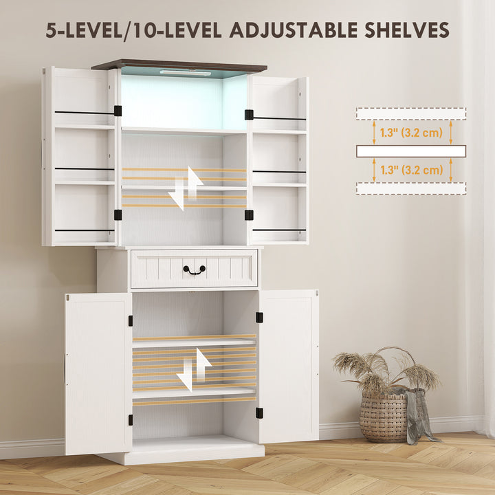 Buy farmhouse furniture Amara Farmhouse Kitchen Pantry Cabinet | Distressed White with LED Light &amp; Storage Shelves - Modern Cottage Farmhouse Furniture