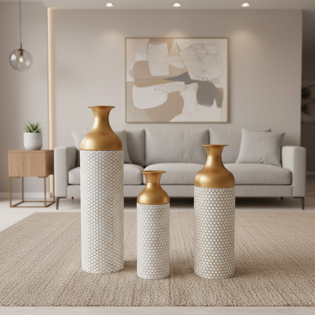 Buy farmhouse furniture Canne | Mediterranean White and Gold Honeycomb-Textured Wrought Iron Floor Vase - Modern Cottage Farmhouse Furniture