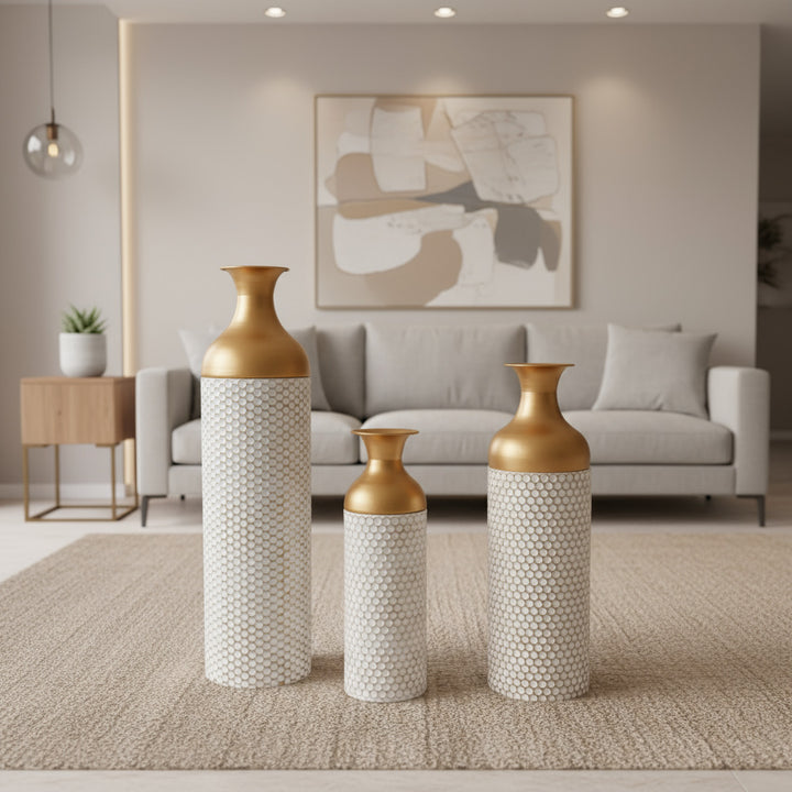 Buy farmhouse furniture Canne | Mediterranean White and Gold Honeycomb-Textured Wrought Iron Floor Vase - Modern Cottage Farmhouse Furniture