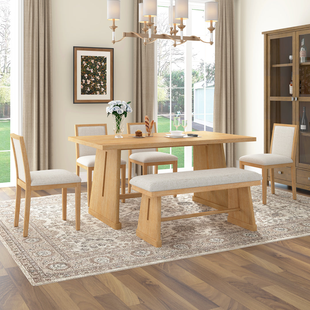 Buy farmhouse furniture Amy Farmhouse Dining Set for 6 | Wire-Brushed Wood Table, 4 Linen Chairs & Bench - Modern Cottage Farmhouse Furniture