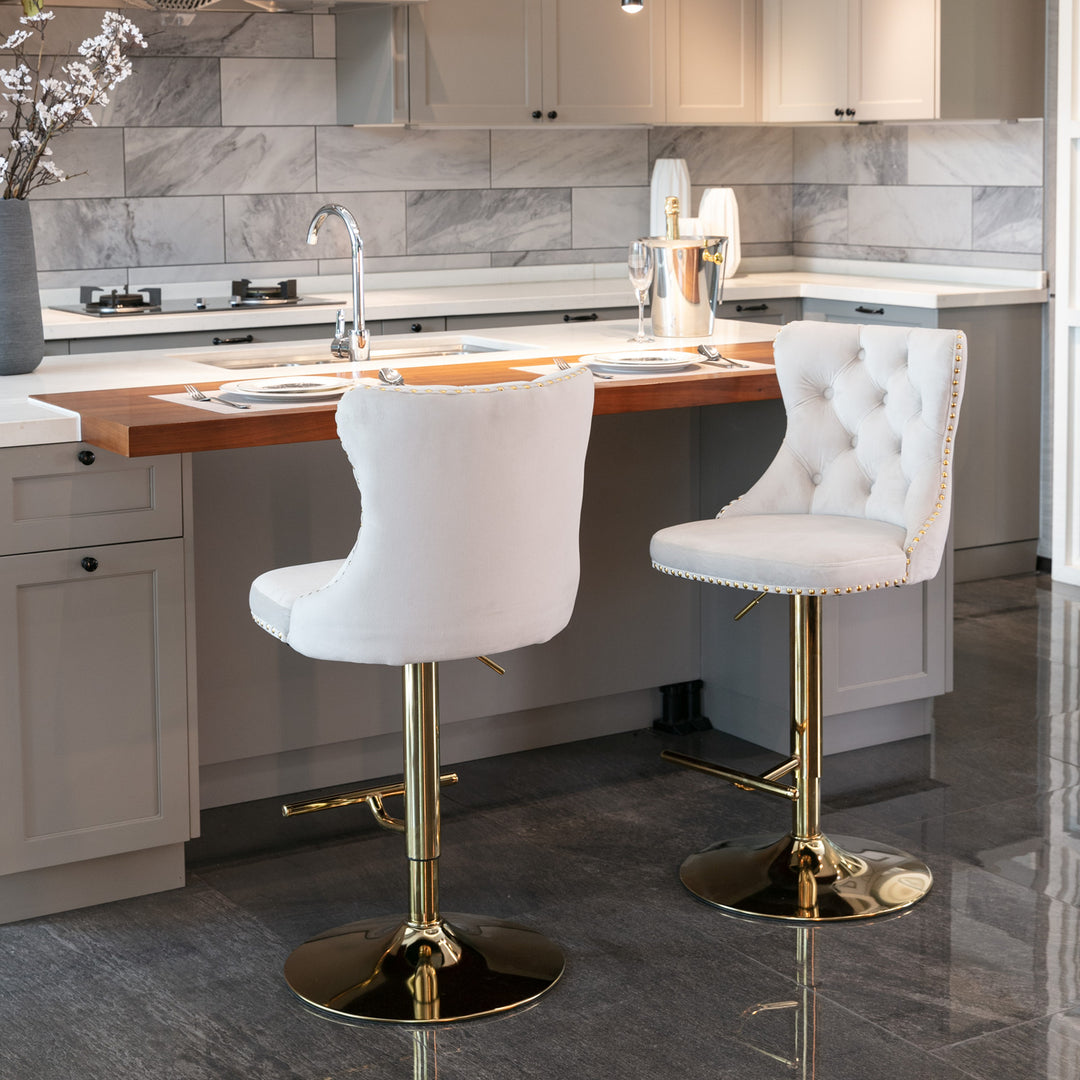 Buy farmhouse furniture Amir Gold Velvet Barstools Set of 2 | Swivel Adjustable Height | Mediterranean Kitchen Island Stools - Modern Cottage Farmhouse Furniture