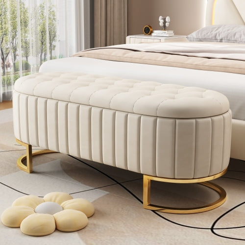 Buy farmhouse furniture The Marbella Mediterranean Farmhouse Button-Tufted Velvet Storage Ottoman Bench – Beige Upholstered Bench Seat with Metal Legs - Modern Cottage Farmhouse Furniture