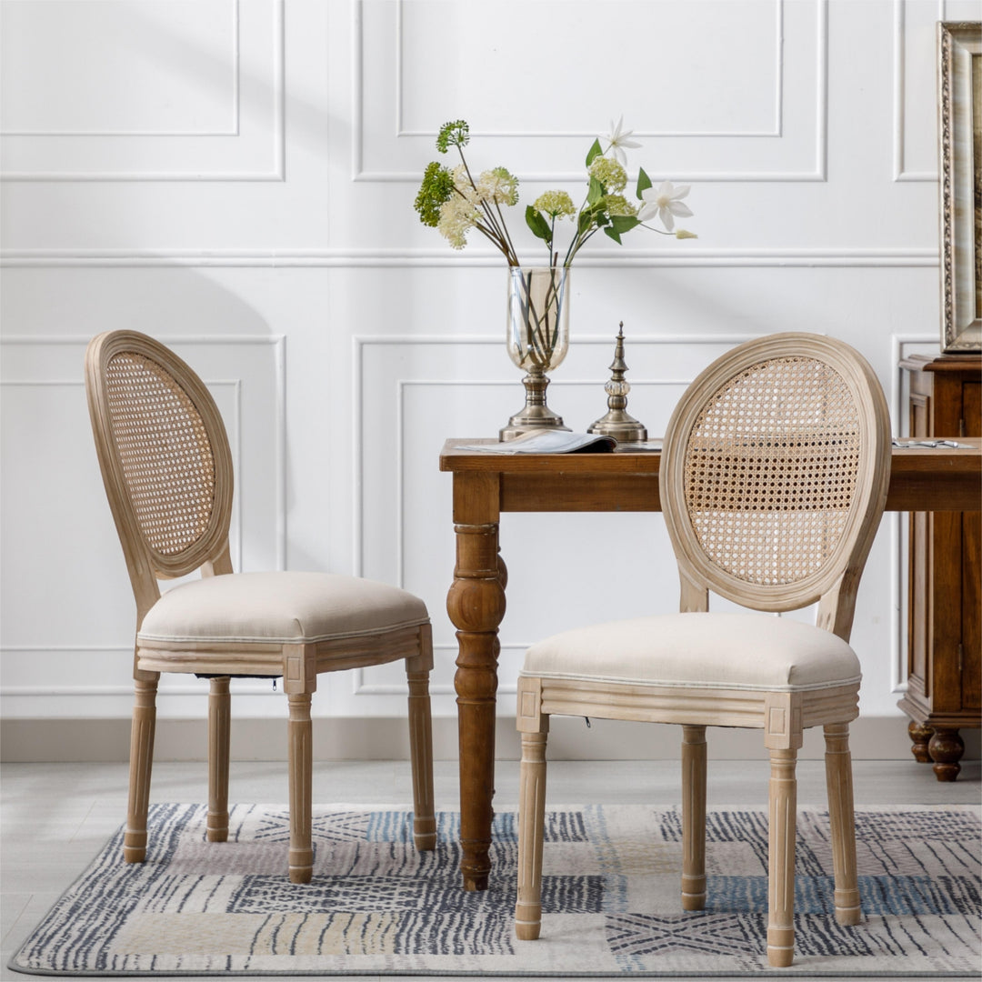 Buy farmhouse furniture Mediterranean French Wood Antique Linen &amp; Rattan Dining Chair (Set Of 2) - Modern Cottage Farmhouse Furniture