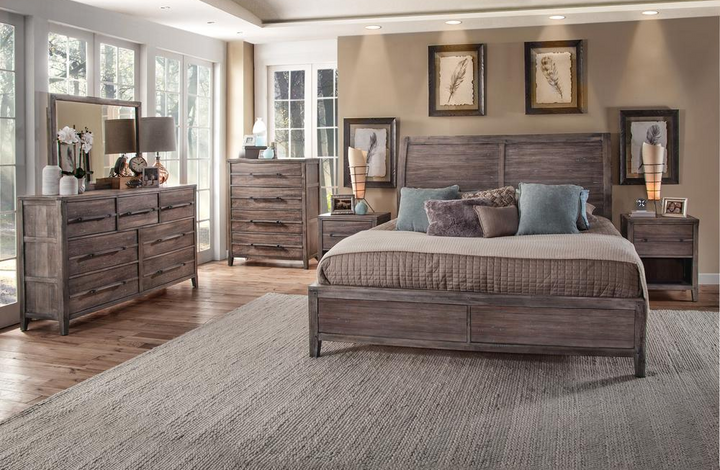 Buy farmhouse furniture Aurora Mediterranean Farmhouse King Sleigh Bed Frame - With Panel Footboard - Weathered Grey - Modern Cottage Farmhouse Furniture