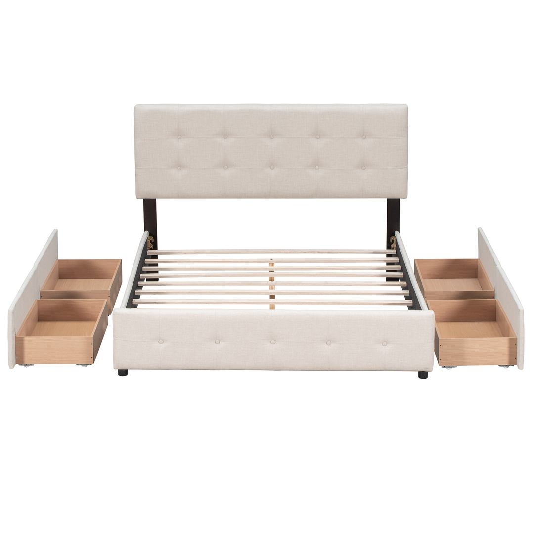 Buy farmhouse furniture Upholstered Plush Queen Platform Bed with Classic Headboard and 4 Drawers - Modern Cottage Farmhouse Furniture