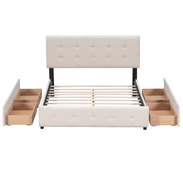 Buy farmhouse furniture Upholstered Plush Queen Platform Bed with Classic Headboard and 4 Drawers - Modern Cottage Farmhouse Furniture