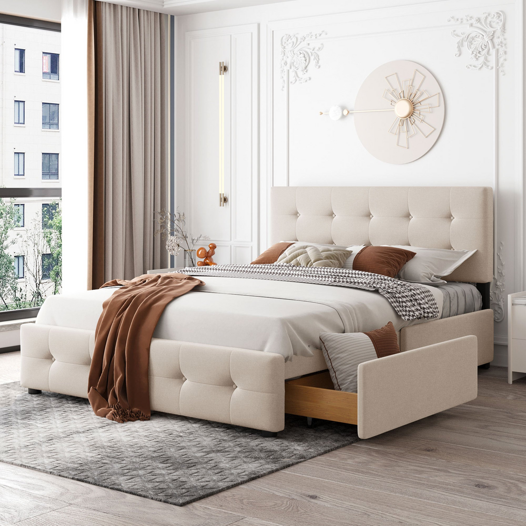 Buy farmhouse furniture Upholstered Plush Queen Platform Bed with Classic Headboard and 4 Drawers - Modern Cottage Farmhouse Furniture