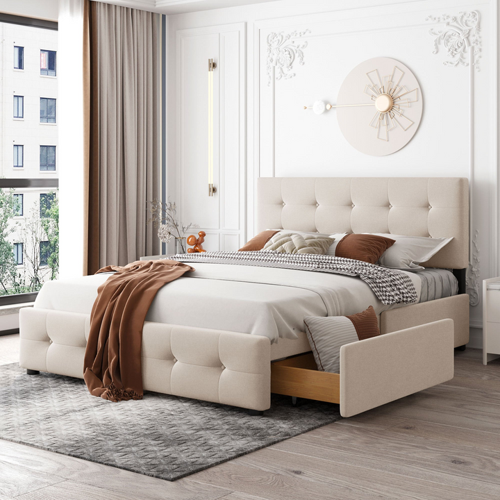 Buy farmhouse furniture Upholstered Plush Queen Platform Bed with Classic Headboard and 4 Drawers - Modern Cottage Farmhouse Furniture
