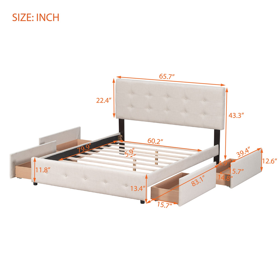 Buy farmhouse furniture Upholstered Plush Queen Platform Bed with Classic Headboard and 4 Drawers - Modern Cottage Farmhouse Furniture