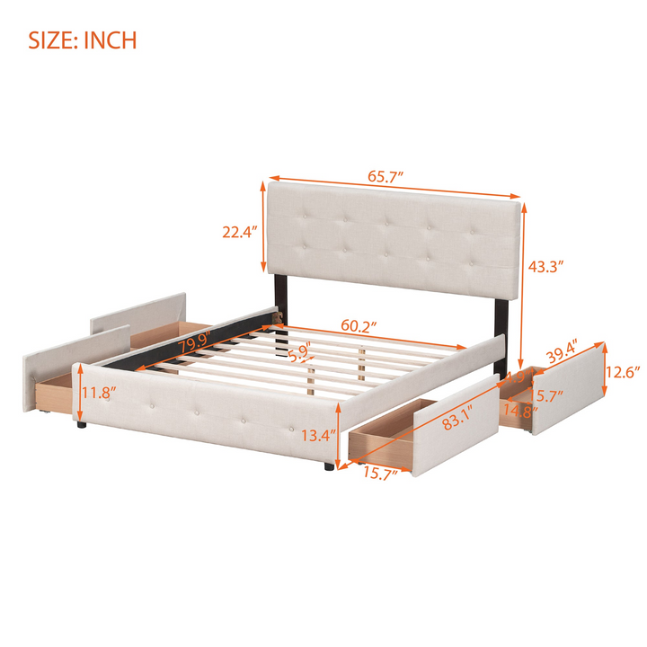 Buy farmhouse furniture Upholstered Plush Queen Platform Bed with Classic Headboard and 4 Drawers - Modern Cottage Farmhouse Furniture