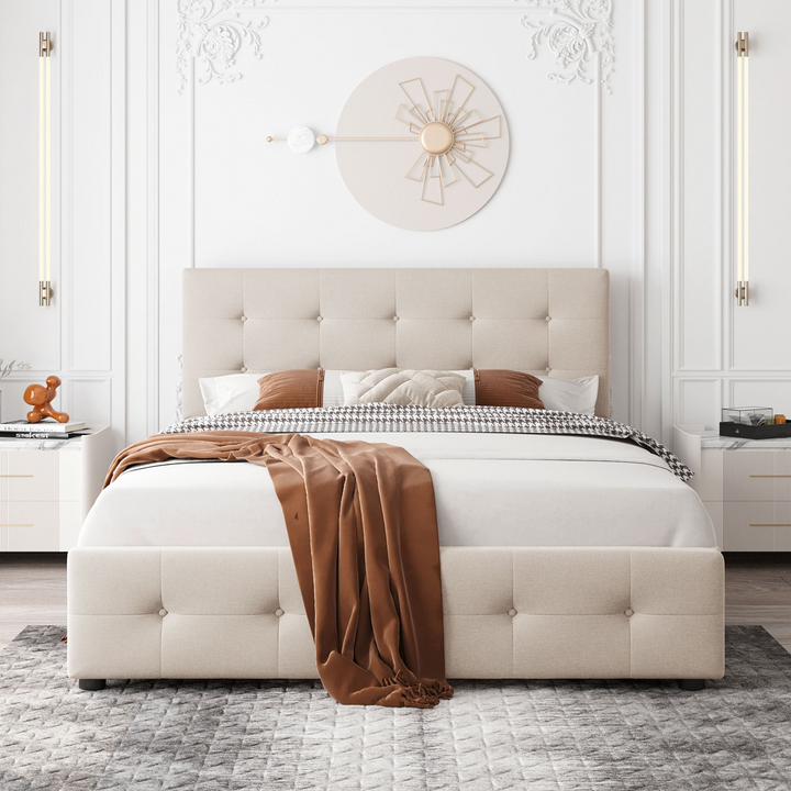 Buy farmhouse furniture Upholstered Plush Queen Platform Bed with Classic Headboard and 4 Drawers - Modern Cottage Farmhouse Furniture