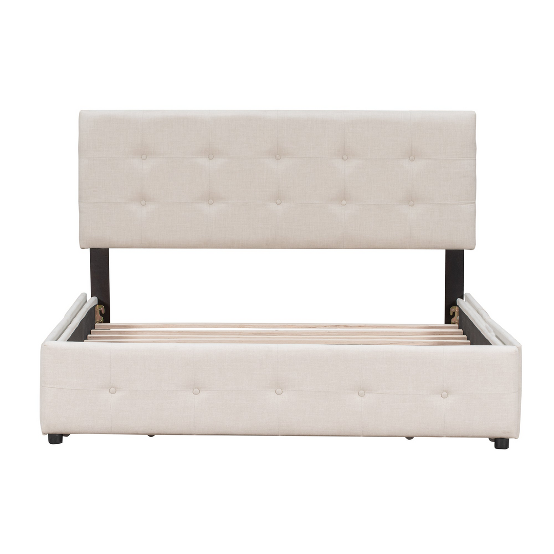 Buy farmhouse furniture Upholstered Plush Queen Platform Bed with Classic Headboard and 4 Drawers - Modern Cottage Farmhouse Furniture