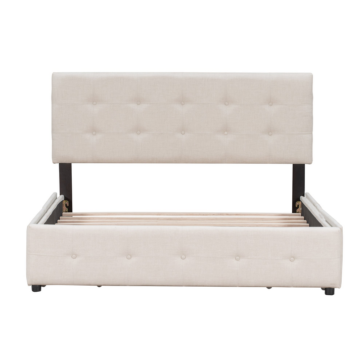 Buy farmhouse furniture Upholstered Plush Queen Platform Bed with Classic Headboard and 4 Drawers - Modern Cottage Farmhouse Furniture