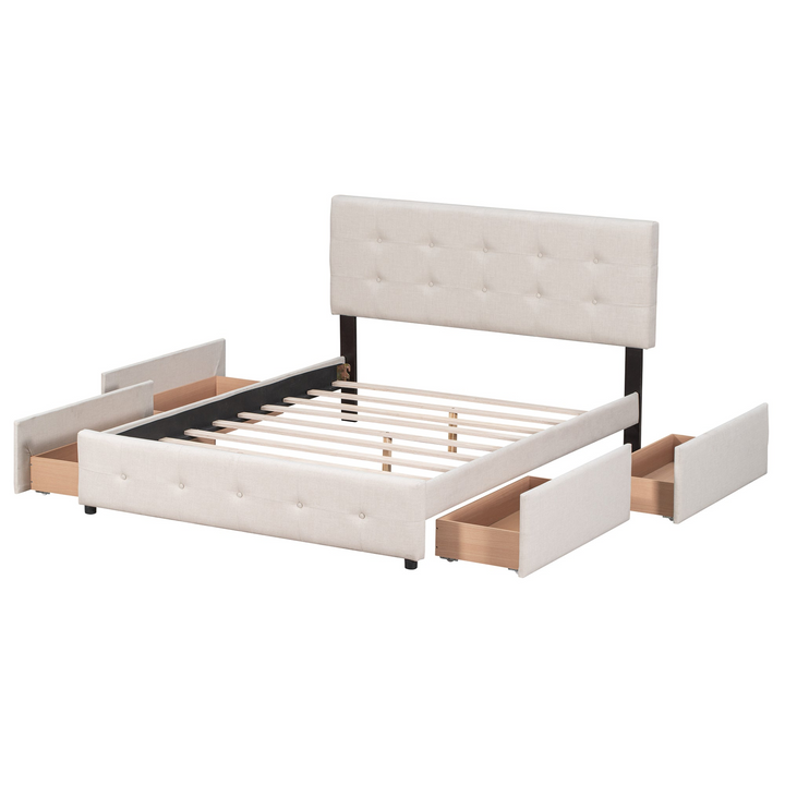 Buy farmhouse furniture Upholstered Plush Queen Platform Bed with Classic Headboard and 4 Drawers - Modern Cottage Farmhouse Furniture