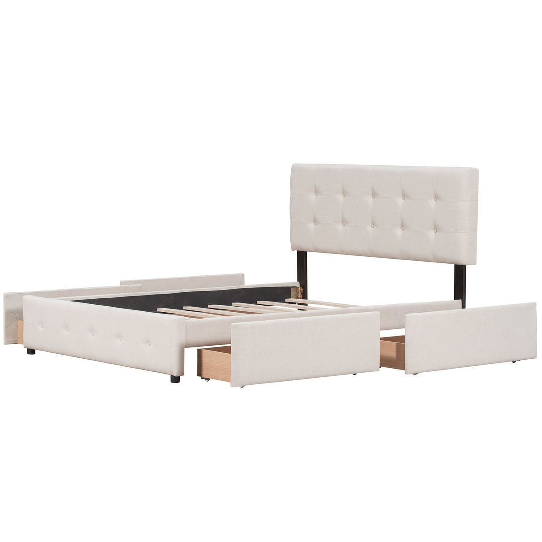 Buy farmhouse furniture Upholstered Plush Queen Platform Bed with Classic Headboard and 4 Drawers - Modern Cottage Farmhouse Furniture