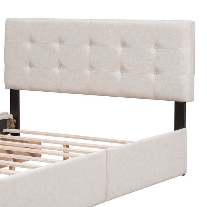 Buy farmhouse furniture Upholstered Plush Queen Platform Bed with Classic Headboard and 4 Drawers - Modern Cottage Farmhouse Furniture