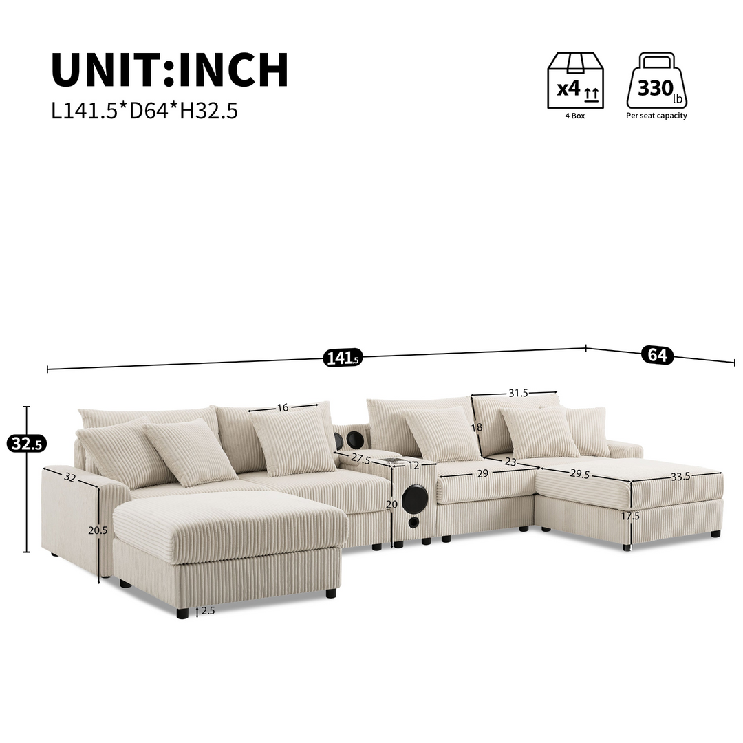 Buy farmhouse furniture Corduroy Sectional Sofa with Bluetooth Speakers - Modern Cottage Farmhouse Furniture