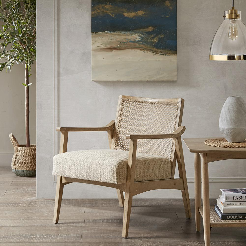 Buy farmhouse furniture Amalfi Coast Cane Back Accent Chair | Beige Upholstered | Mid-Century Coastal Lounge Chair - Modern Cottage Farmhouse Furniture