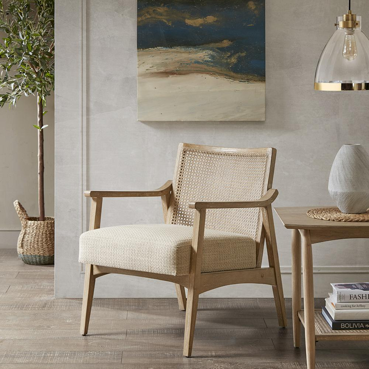 Buy farmhouse furniture Amalfi Coast Cane Back Accent Chair | Beige Upholstered | Mid-Century Coastal Lounge Chair - Modern Cottage Farmhouse Furniture