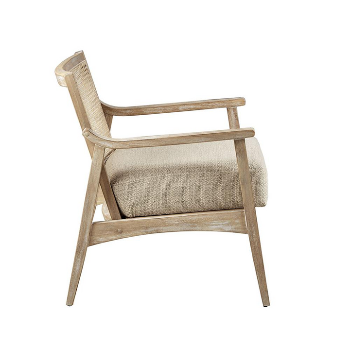 Buy farmhouse furniture Amalfi Coast Cane Back Accent Chair | Beige Upholstered | Mid-Century Coastal Lounge Chair - Modern Cottage Farmhouse Furniture