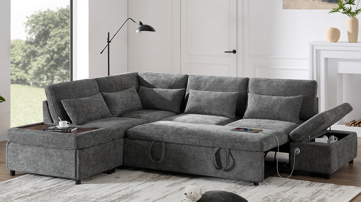 Buy farmhouse furniture Sectional Sleeper Mediterranean Style Farmhouse Sectional Sofa Couch Bed, Pull-Out L-Shape Couch - Modern Cottage Farmhouse Furniture