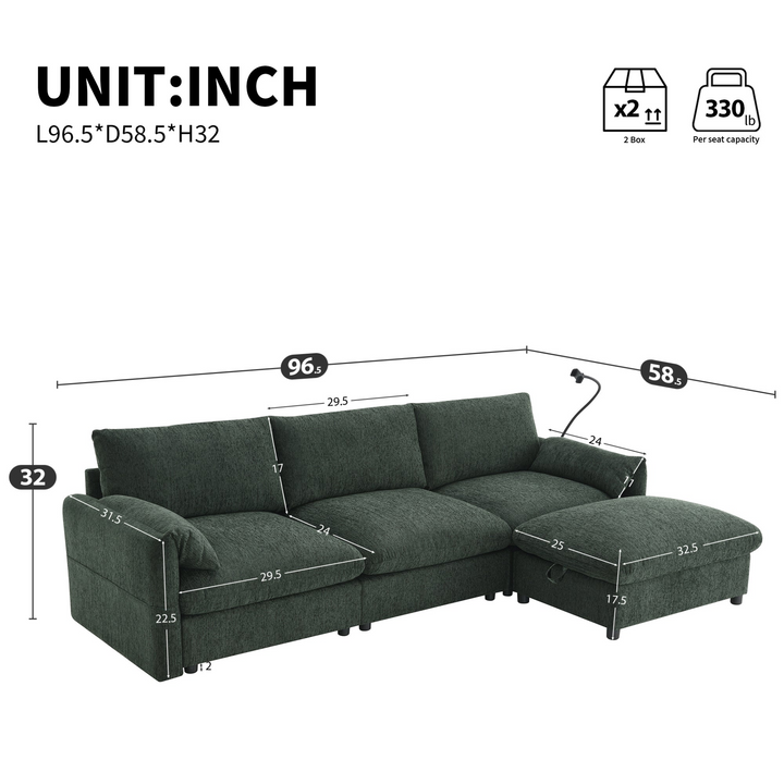 Buy farmhouse furniture L-Shaped Sectional Sofa with Storage Ottoman, Adj. Phone Holder, USB Charger, Pockets - Modern Cottage Farmhouse Furniture