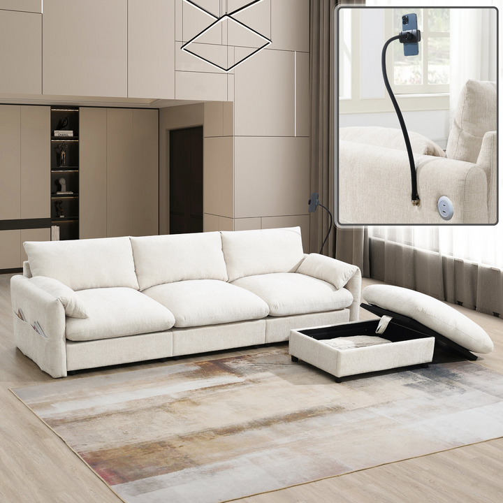 Buy farmhouse furniture L-Shaped Sectional Sofa with Storage Ottoman, Adj. Phone Holder, USB Charger, Pockets - Modern Cottage Farmhouse Furniture