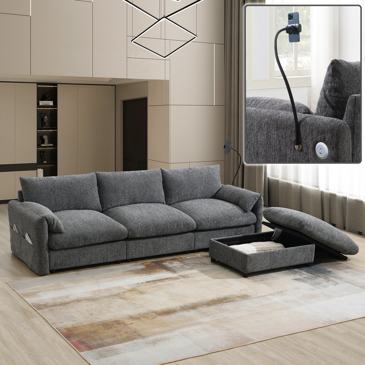 Buy farmhouse furniture L-Shaped Sectional Sofa with Storage Ottoman, Adj. Phone Holder, USB Charger, Pockets - Modern Cottage Farmhouse Furniture