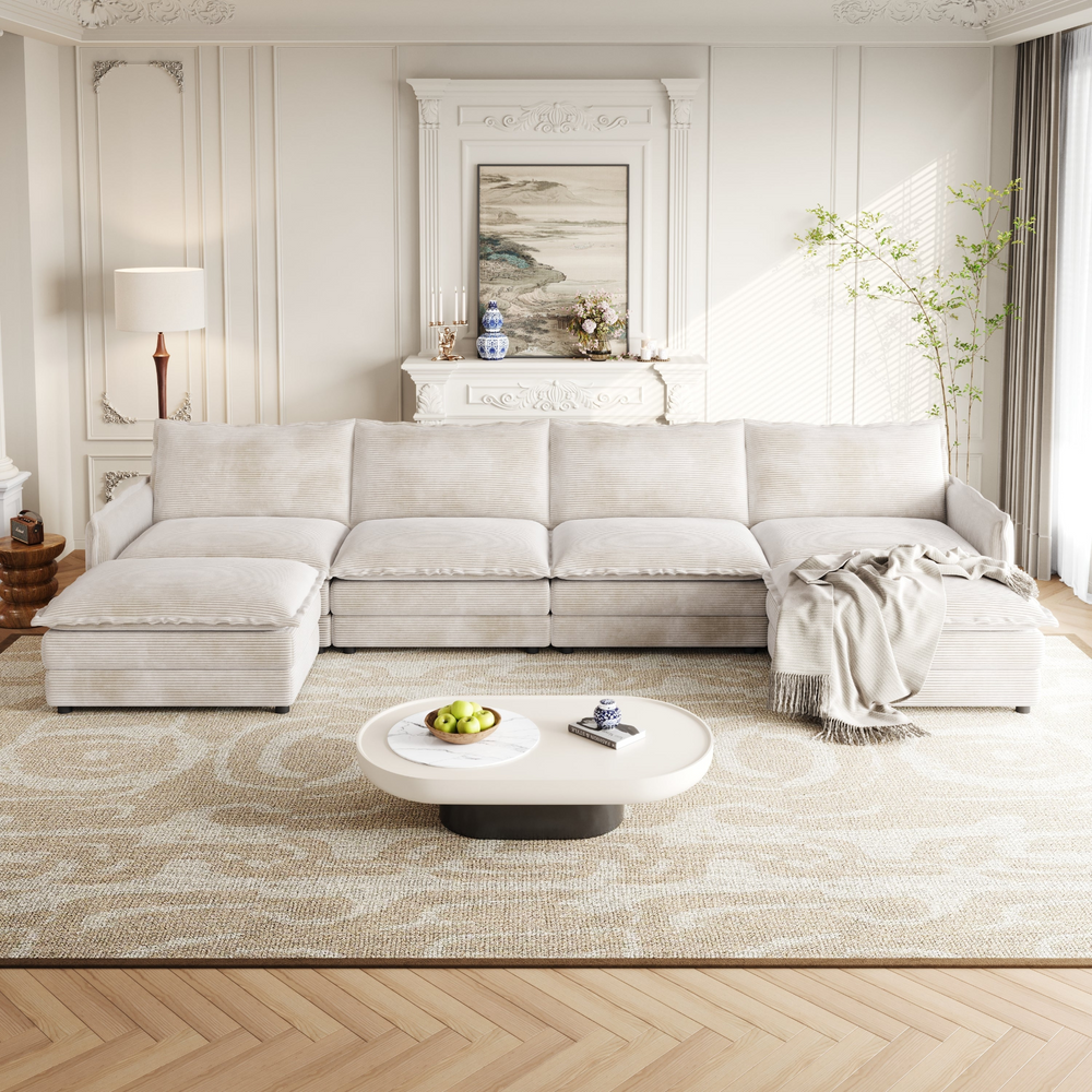 Buy farmhouse furniture Harper | U-Shaped Modular Sofa Sectional | Beige Corduroy Farmhouse Couch with Ottoman - Modern Cottage Farmhouse Furniture
