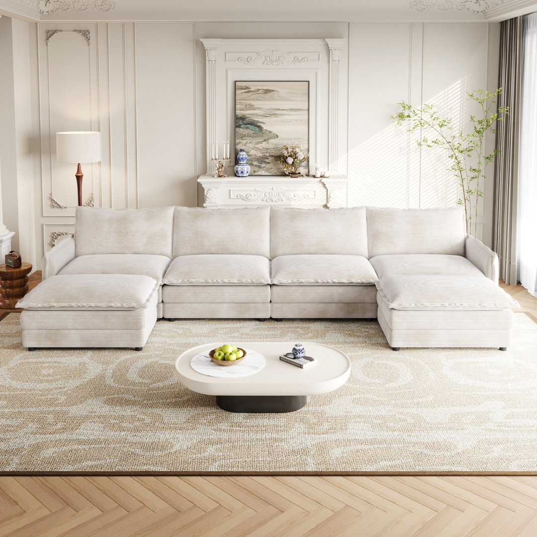 Buy farmhouse furniture Harper | U-Shaped Modular Sofa Sectional | Beige Corduroy Farmhouse Couch with Ottoman - Modern Cottage Farmhouse Furniture