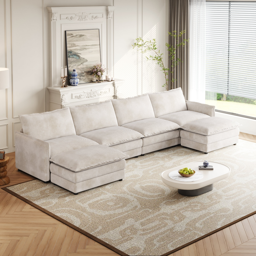 Buy farmhouse furniture Harper | U-Shaped Modular Sofa Sectional | Beige Corduroy Farmhouse Couch with Ottoman - Modern Cottage Farmhouse Furniture