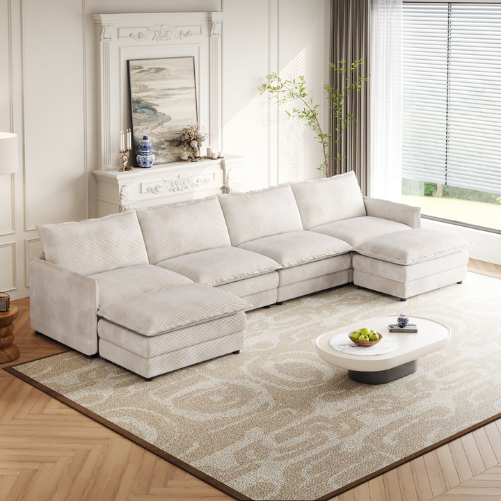Buy farmhouse furniture Harper | U-Shaped Modular Sofa Sectional | Beige Corduroy Farmhouse Couch with Ottoman - Modern Cottage Farmhouse Furniture