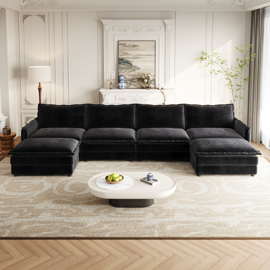 Buy farmhouse furniture Harper | U-Shaped Modular Sofa Sectional | Beige Corduroy Farmhouse Couch with Ottoman - Modern Cottage Farmhouse Furniture