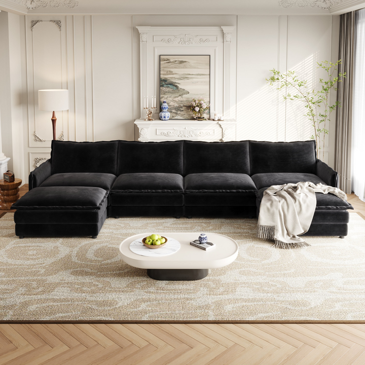 Buy farmhouse furniture Harper | U-Shaped Modular Sofa Sectional | Beige Corduroy Farmhouse Couch with Ottoman - Modern Cottage Farmhouse Furniture