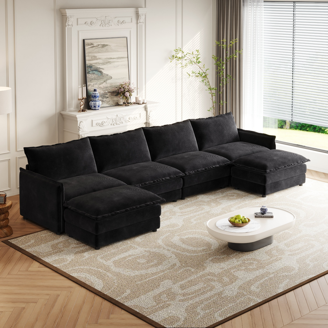 Buy farmhouse furniture Harper | U-Shaped Modular Sofa Sectional | Beige Corduroy Farmhouse Couch with Ottoman - Modern Cottage Farmhouse Furniture