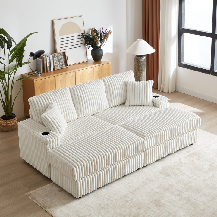Buy farmhouse furniture Corduroy Comfy Deep-Seat Sofa with Ottoman, Storage and Cup-Holding Grooves - Modern Cottage Farmhouse Furniture