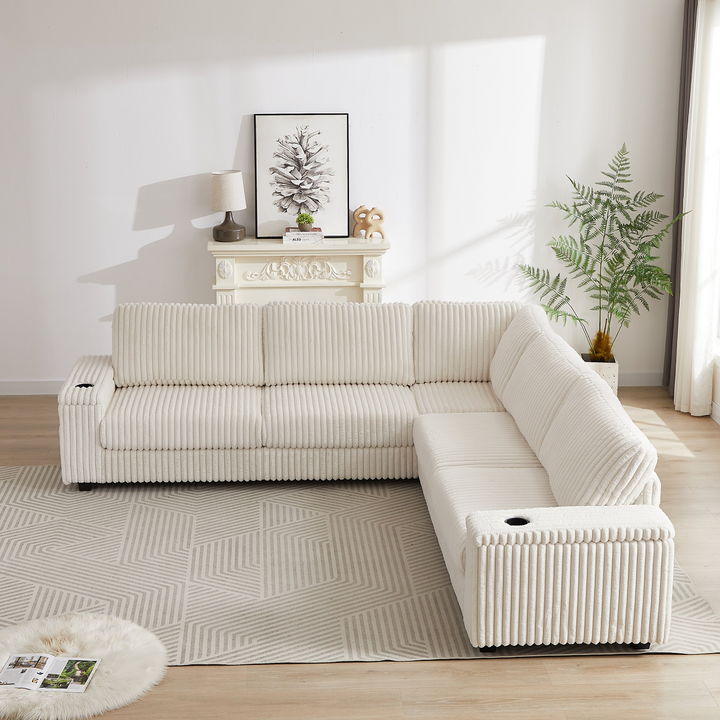 Buy farmhouse furniture Oversized Corduroy L-Shaped Corner Sofa with Storage, USB &amp; Cup Holder - Modern Cottage Farmhouse Furniture
