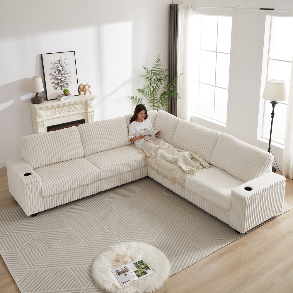 Buy farmhouse furniture Oversized Corduroy L-Shaped Corner Sofa with Storage, USB & Cup Holder - Modern Cottage Farmhouse Furniture