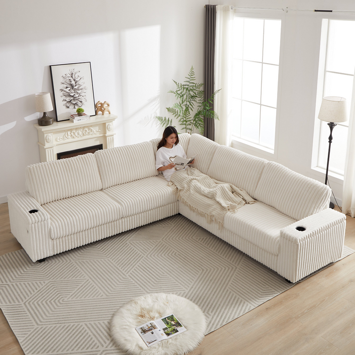 Buy farmhouse furniture Oversized Corduroy L-Shaped Corner Sofa with Storage, USB &amp; Cup Holder - Modern Cottage Farmhouse Furniture
