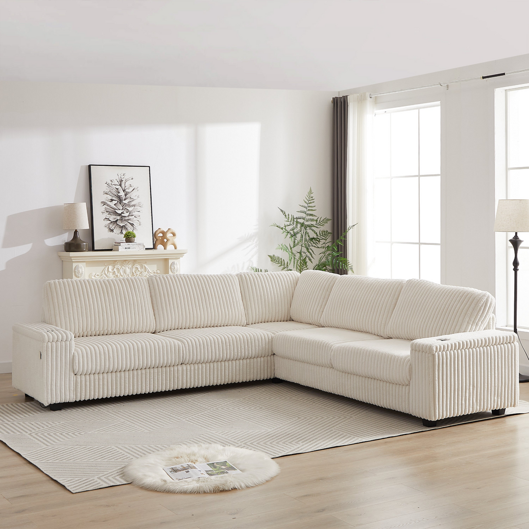 Buy farmhouse furniture Oversized Corduroy L-Shaped Corner Sofa with Storage, USB &amp; Cup Holder - Modern Cottage Farmhouse Furniture