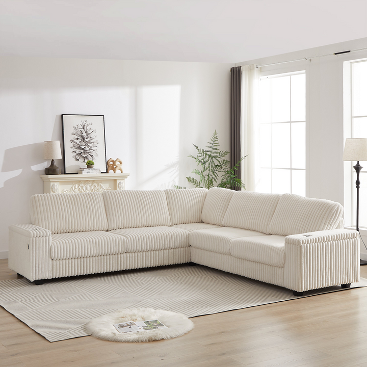Buy farmhouse furniture Oversized Corduroy L-Shaped Corner Sofa with Storage, USB &amp; Cup Holder - Modern Cottage Farmhouse Furniture