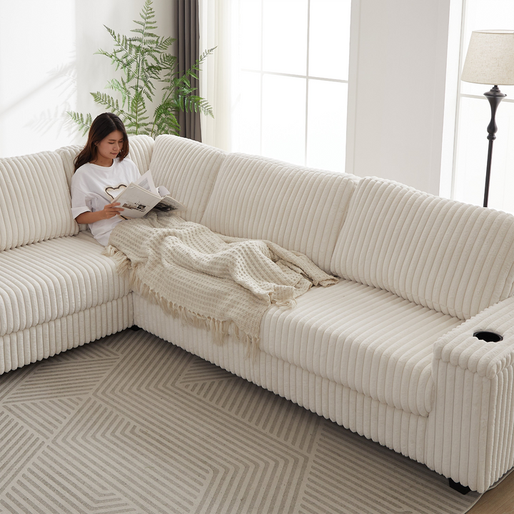 Buy farmhouse furniture Oversized Corduroy L-Shaped Corner Sofa with Storage, USB &amp; Cup Holder - Modern Cottage Farmhouse Furniture