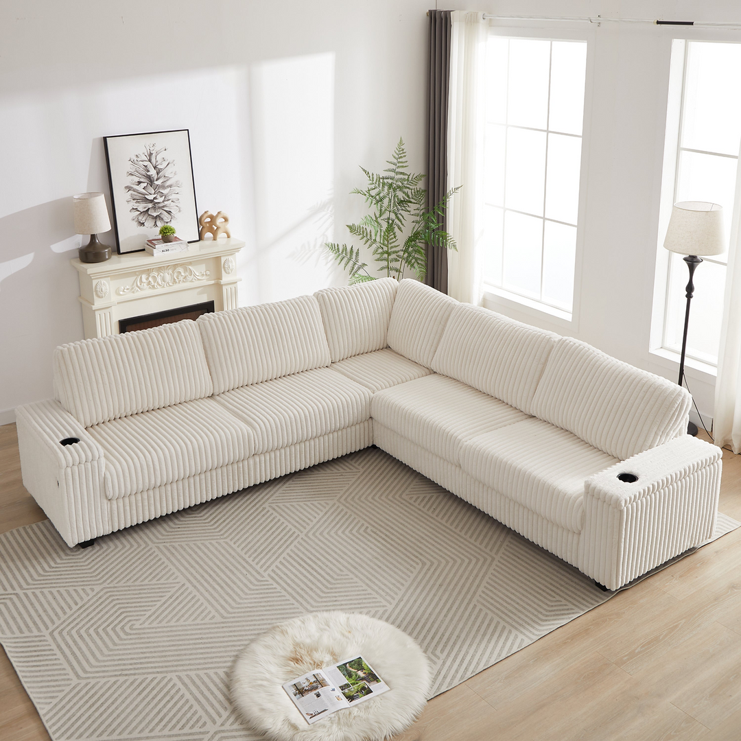 Buy farmhouse furniture Oversized Corduroy L-Shaped Corner Sofa with Storage, USB &amp; Cup Holder - Modern Cottage Farmhouse Furniture